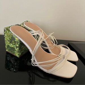Jacquemus Les Mules Estello White Chunky Sequined Heel Sandals Size 39